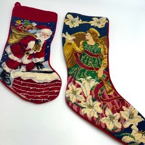 Vintage Needlepoint and Velvet Angel and Santa Stocking Set